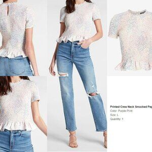 Express Smocked Peplum Top – Soft Print – Size L – Flattering Fit